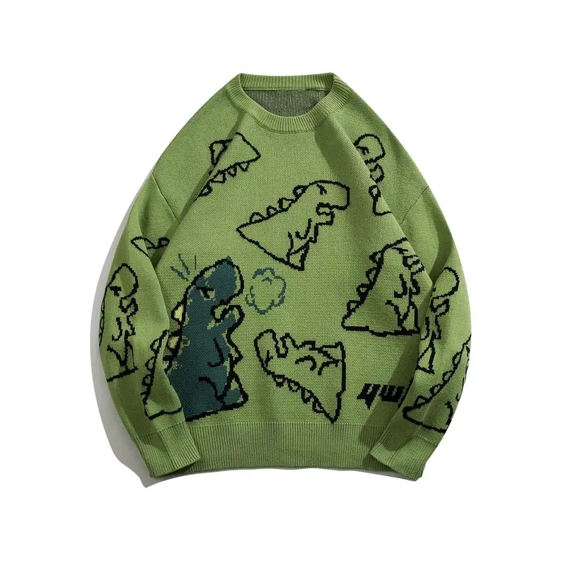 Men's Cartoon Dinosaur Pattern Knit Pullover Sweater - Loose-Fitting, Pull-On, Casual, Warm, Slightly Elastic Round Neck for Autumn-Winter Sports & Outdoor Wear, Casual Wear, Multi-Size, Long Sleeve