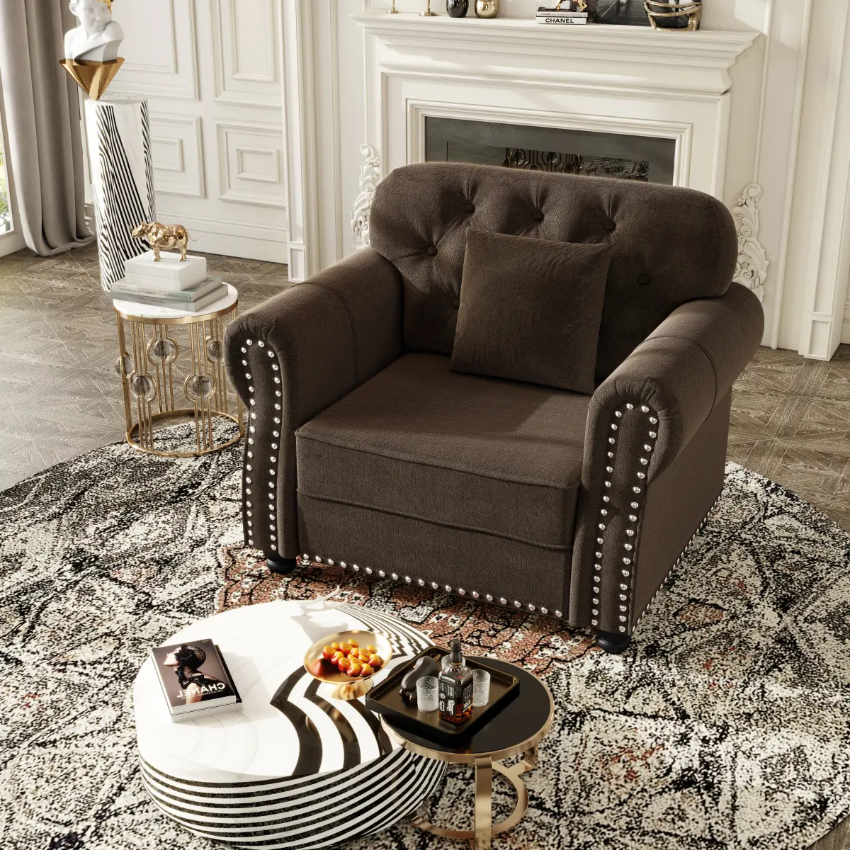 41.3" Armchair Velvet Sofa Chair Upholstered Chair with Nailhead Trim and Rolled Armrests,Mid-Century Modern Chesterfield Sofa with Button  Tufted,Includes 1 Pillows,Brown