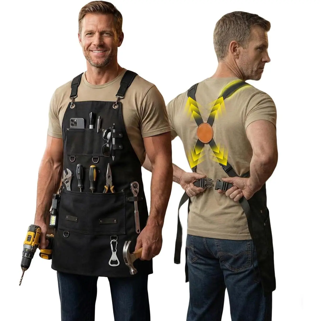 Men's Traditional Abrasive-Resistant Heavy-Duty Canvas Tool Apron - 6 Pockets, Quick-Release Buckle, Ergonomic X-Cross Back, 28"-71" Adjustable Waist, Multifunctional 1 Size, Ideal for Handyman Woodworking, Workshop Use, Great Gift