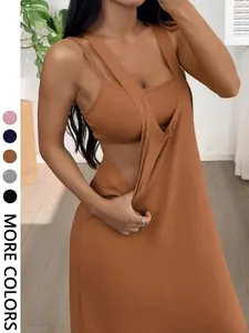 2026 Women's 2pcs Heather solid color Tank Top & Cutout Maxi Dress Set , Soft Stretchy Fabric & Double-Strap Design