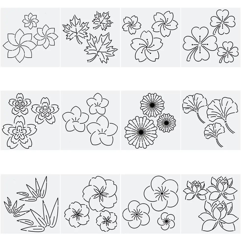 12 count Plastic Sashiko Stencil Kit Flower Sashiko  Template Embroidery  for Hand Quilting Sashiko Patterns Templates Embroidery Stencils 14x14cm