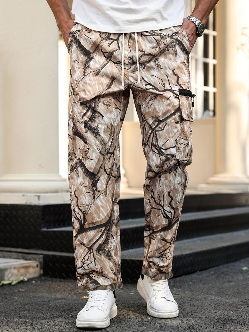 Men's camouflage print zippered pocket trousers, slim-fit athletic pants, durable trousers for autumn, men's wear-resistant outdoor training pants, streetwear fashion, vacation wear, men's clothing