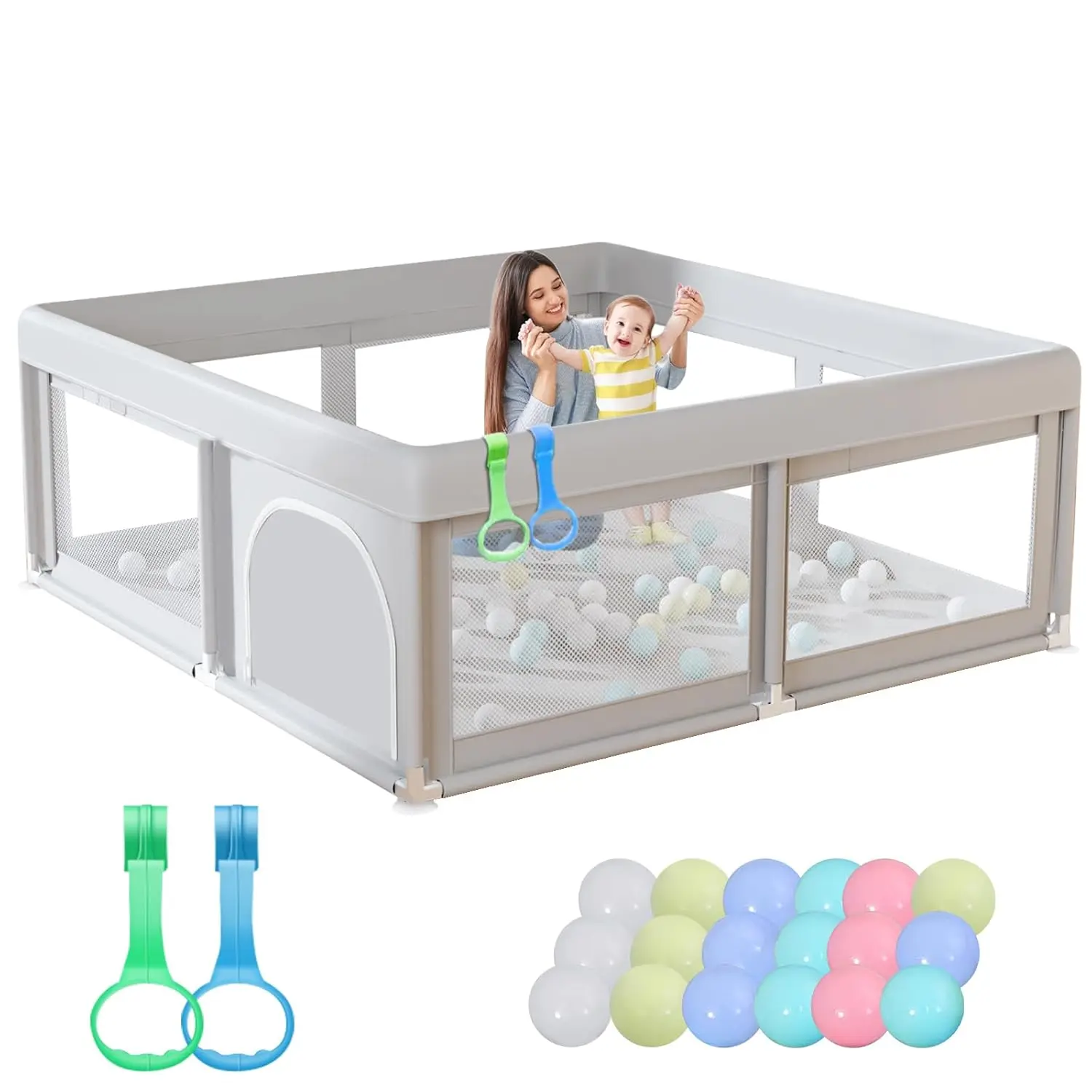 50 x 50 inch Baby Playpen with Ocean Balls and Pull Rings, Playpen  Babies and Toddlers, Baby Fence Playards, Safe Structure and Soft, Skin-Friendly Fabric with Zipper Gates.