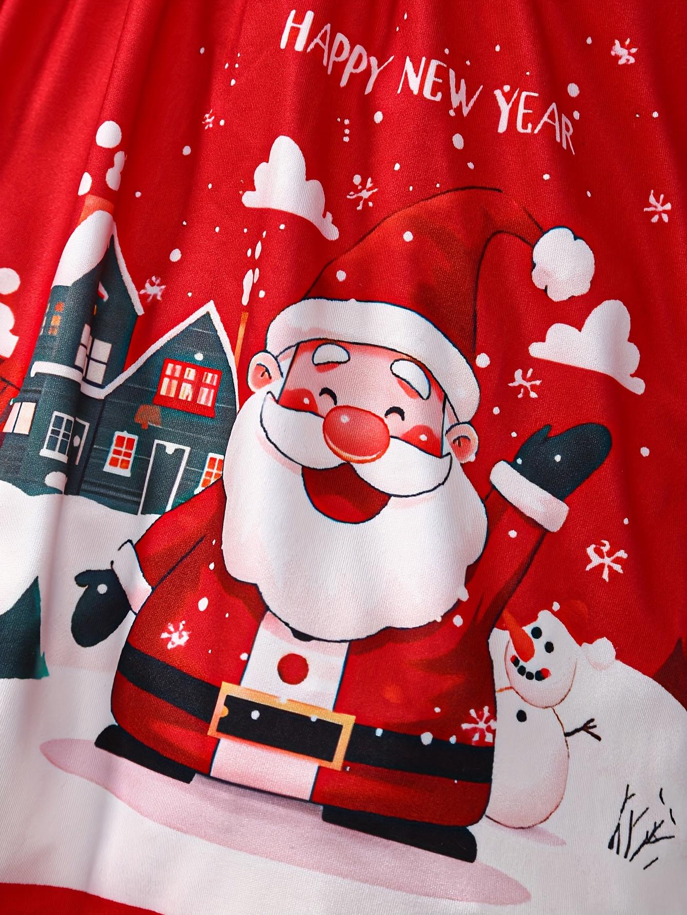 [Girls' Christmas Holiday Dress] Christmas Girls' Holiday Dress |         Long Sleeve, Round Neck, Stretchy Snowflake & Santa Print, Party Style, Polyester Knit, Regular Fit, All-Season