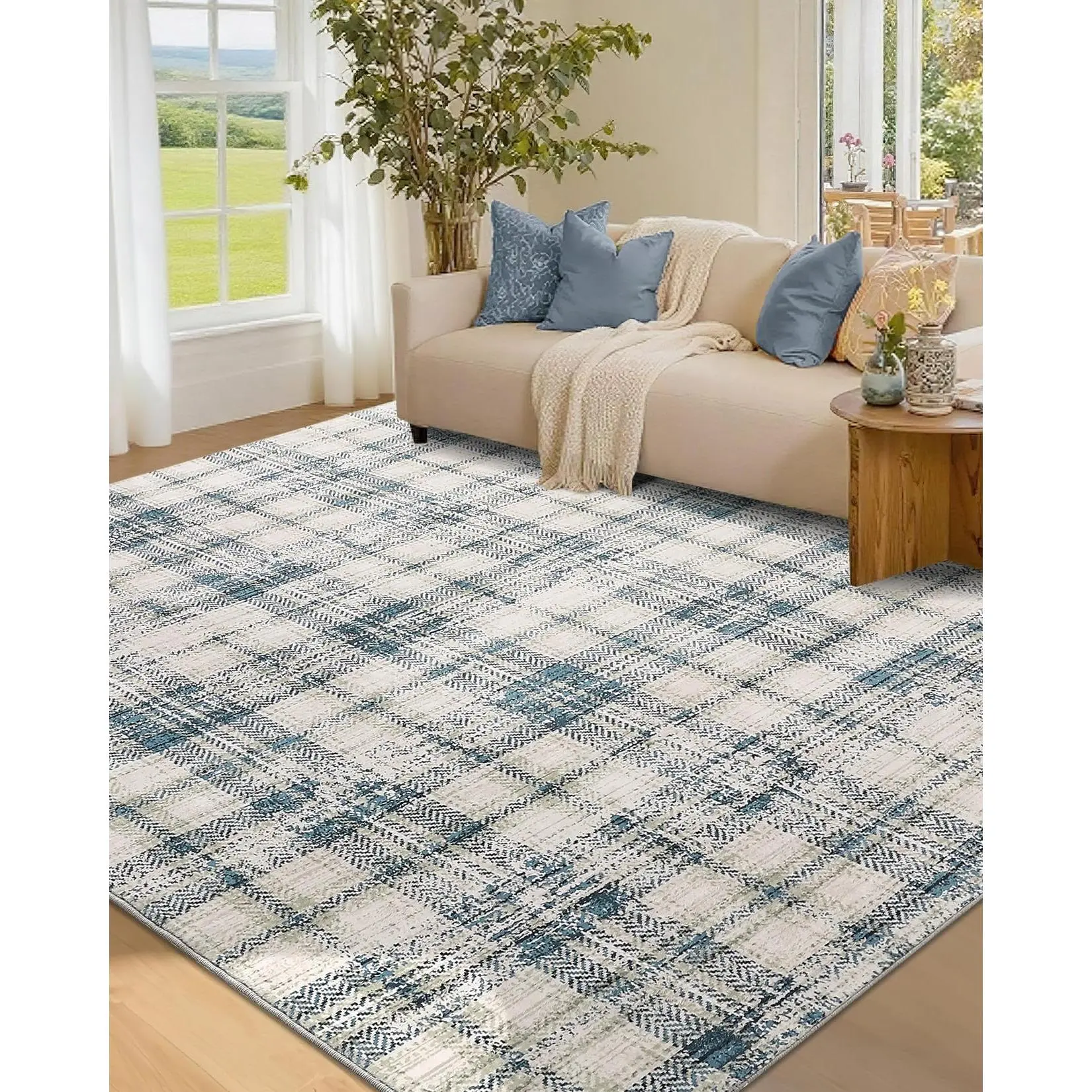 Garvee Washable Area Rugs 5x7 Rug for Living Room Soft Plaid Rugs for Bedroom Tartan Area Rug Non Shedding Soft Throw Rugs Non Slip Stain Resistant Carpet for Nursery Office Rug 5'x7' Green/Beige