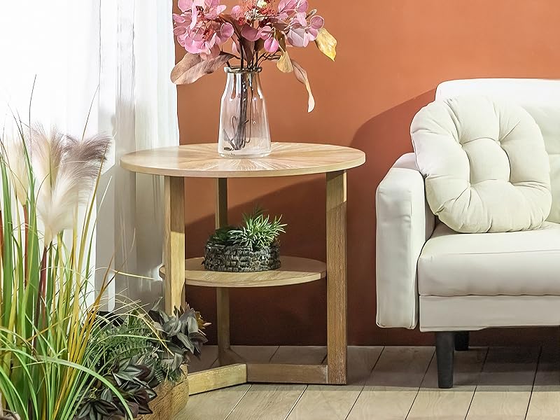 Round side table, natural wood-toned coffee table Double-tiered round sofa side table with storage functionality Vintage-inspired natural wood round bedside table Solid wood bedside table suitable for living rooms, bedrooms, and offices wildlife prints