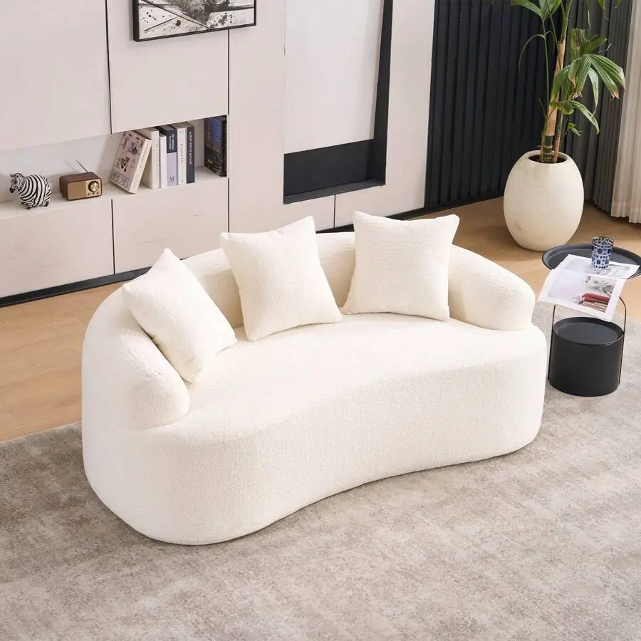65'' Modern Curved Loveseat Sofa Couch, Luxury Plush Chenille Upholstered Cloud Couch With Extra Deep Seat And Curved Armless Floor Design, Compression Boneless Sofa With 3 Throw Pillows Living Room, Home Decor, Small Space, No Assembly Needed