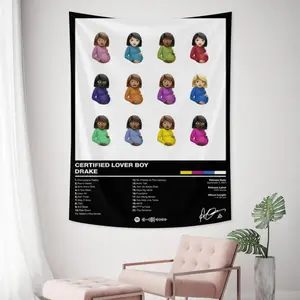 Drake singer Certified Lover Boy Tapestry - Three Rows Pregnant Woman Emoji Silhouette Matrix White Background Poster Wall Hanging, CLB Album Tracklist Music Fabric Banner, Cute Room Decor