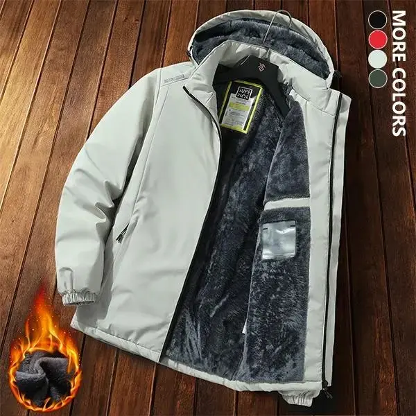 Men's Autumn Winter Fleece Lined Hooded Jacket, Thick Warm Casual Letter Print Outdoor Sports Coat with Zipper Closure and Side Pockets, Detachable Hood Design, Suitable for Daily Activities and Hiking Fashion Menswear
