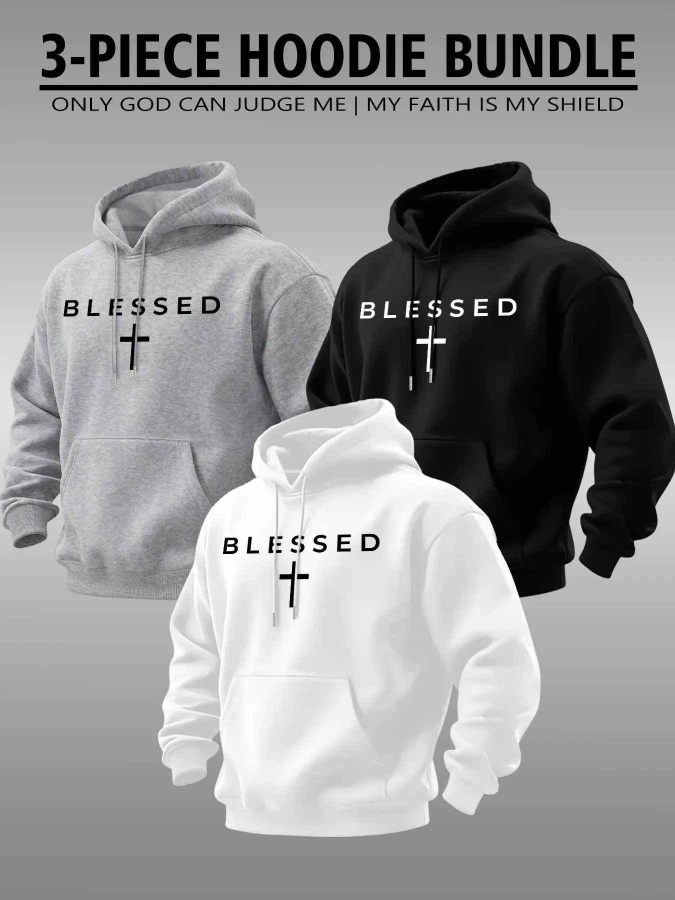 3 Pcs Men's Pullover Hoodie Bundle, Blessed Cross Graphic Hooded Sweatshirt With Kangaroo Pocket, Faith Casual Long Sleeve Hoodies Multi‑color Set