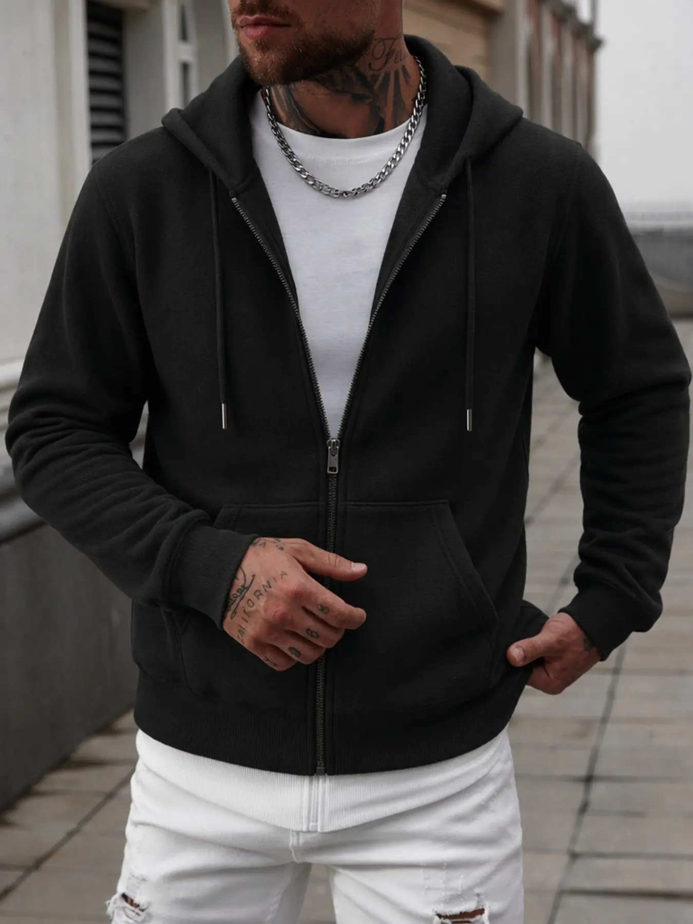 Men's Zipper Hoodie, Solid Color Plain Loose Full-Zip Fleece Kangaroo Pocket Cardigan, Hip Hop Streetwear Fall Winter Casual Outerwear