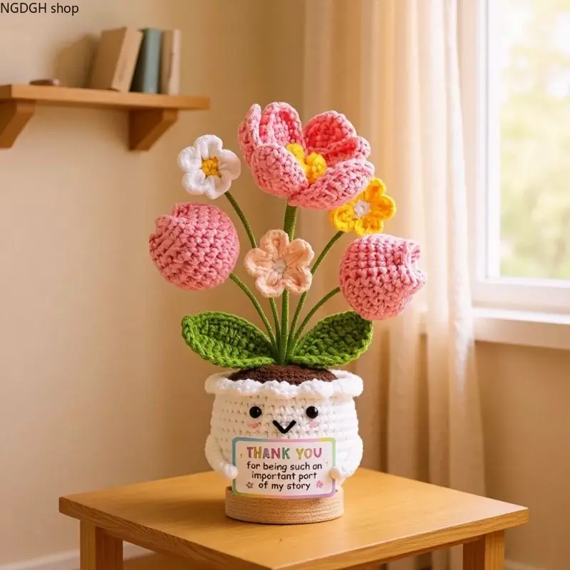 Handmade Crochet Potted Flower Figurine Cute Smiley Crochet Tulip Bouquet With Encouragement Card Positive Emotional Ornament for Mother Birthday Thank‑You Gift Tabletop Home Desk Decor