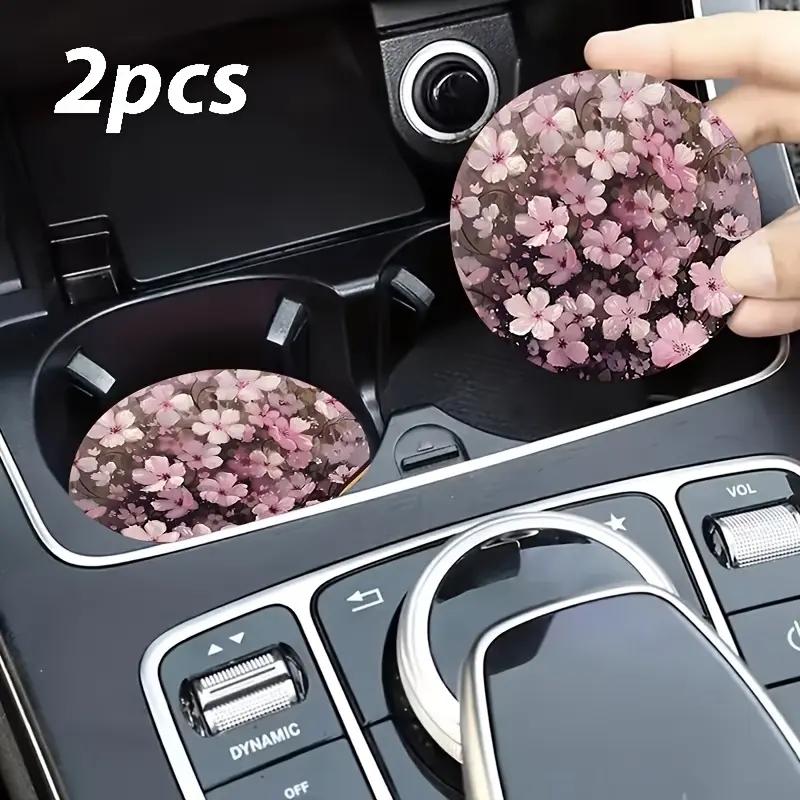 2 Peach Blossom Pattern Car Coasters, Car Interior Decoration, Car Decorations, Automotive Decorative Accessories, Decorate The Vehicle, Protect The Interior, Anti-Slip Design, Suitable for Most Models, Is a Good Gift