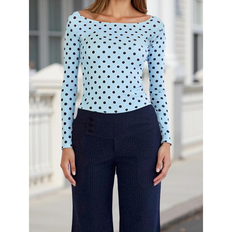 Women's Dot Print Crop Top | Fall Long Sleeve Crewneck Pullover, Casual Going Out Shirt