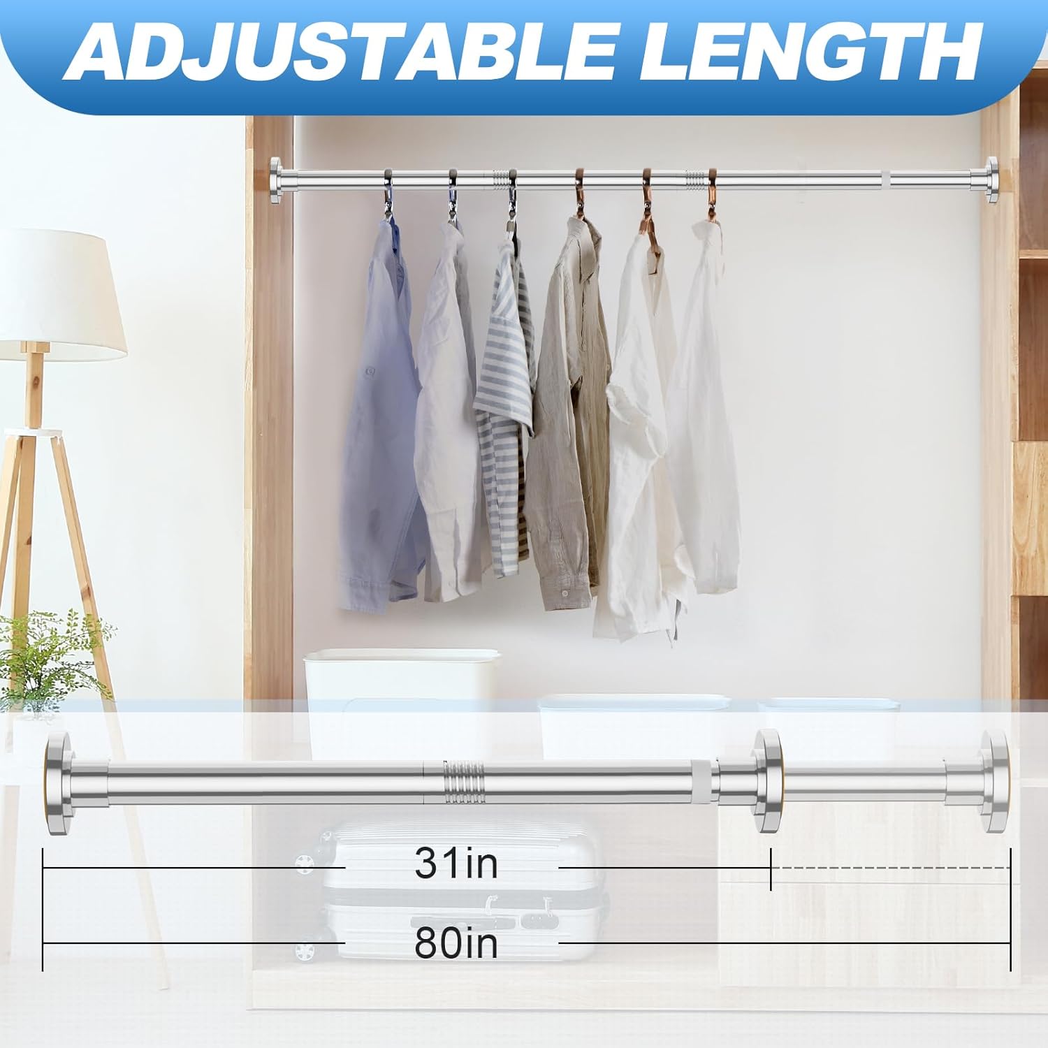 Chrome Shower Curtain Rod 31 to 80 Inch,1 Inch Diameter Adjustable Spring Tension Curtain Rod No Drilling Stainless Steel Telescoping Rod,No Rust