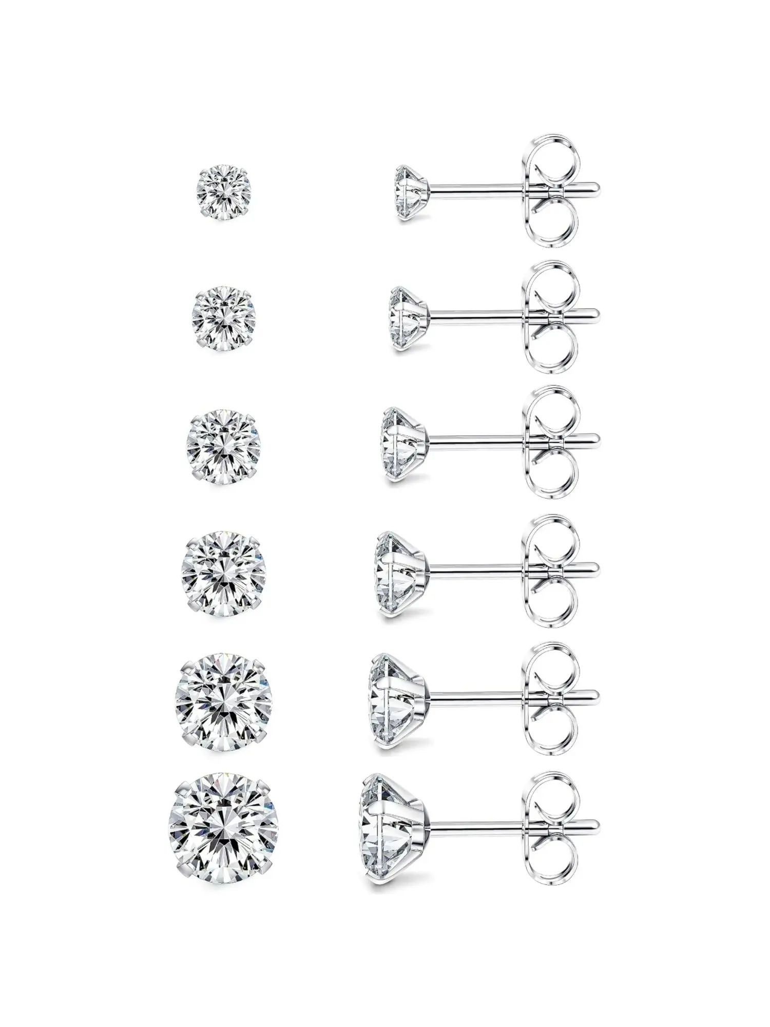 6 Pairs Silvery Round Brilliant Cut Zirconia Stud Earrings Set with G23 Titanium Ear Posts Stainless Steel Butterfly Backs for Unisex Layered Ear Jewelry Set Brilliant Light Refraction Minimalist Classic Round Design for Workplace Commuting Daily Dating