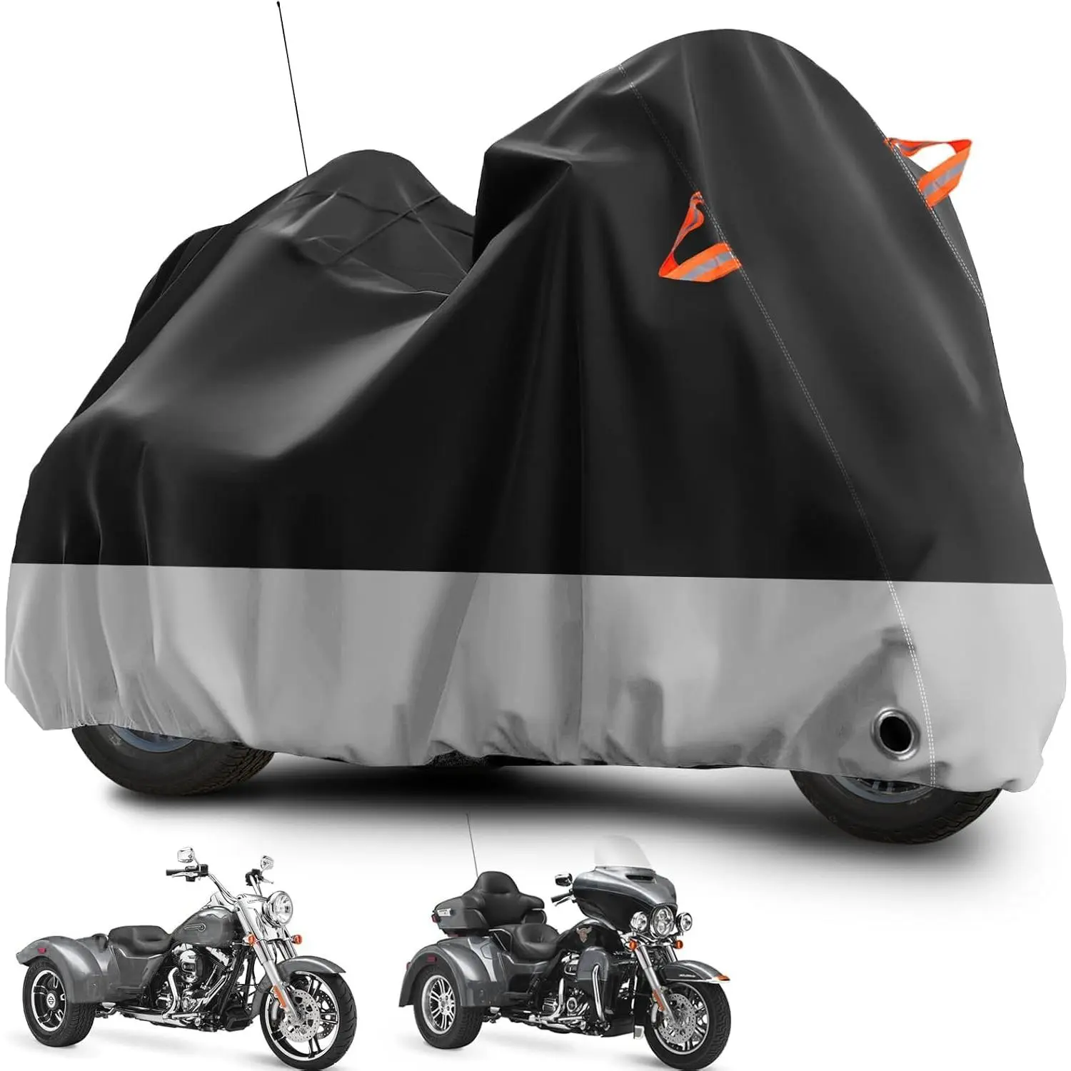 Trike Cover Heavy Duty Waterproof 3 Wheel Motorcycle Cover| Fits for Harley Davidson Freewheeler Tri Glide, Honda Gold Wing, Kawasaki Trike Accessories with Reflective Strip (Grey)