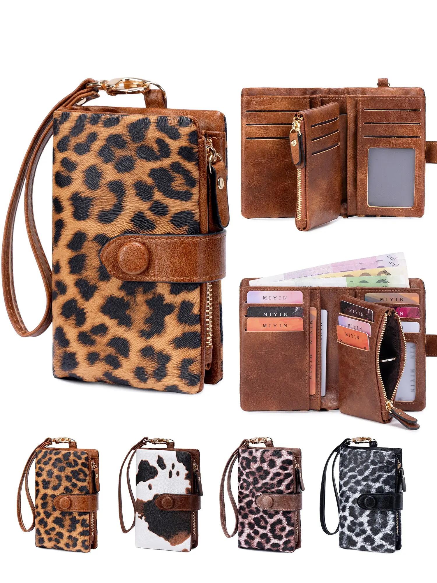 Women's Short Trifold Wristlets Wallet, Leopard Print Large Capacity Wristlet Purse with Wrist Strap, Snap Button Closure, Zipper Coin Pocket & Multiple Card Slots, Daily Use Hand Bag, Perfect Valentine’s Day & Mother’s Day Gift, Leopard Print Wallets