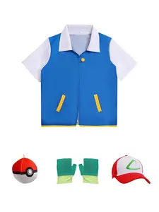 Women's Ash Ketchum Costume Set, Including Jacket & Hat & Gloves & Ball, Cosplay Costume for Party, Birthday Gift
