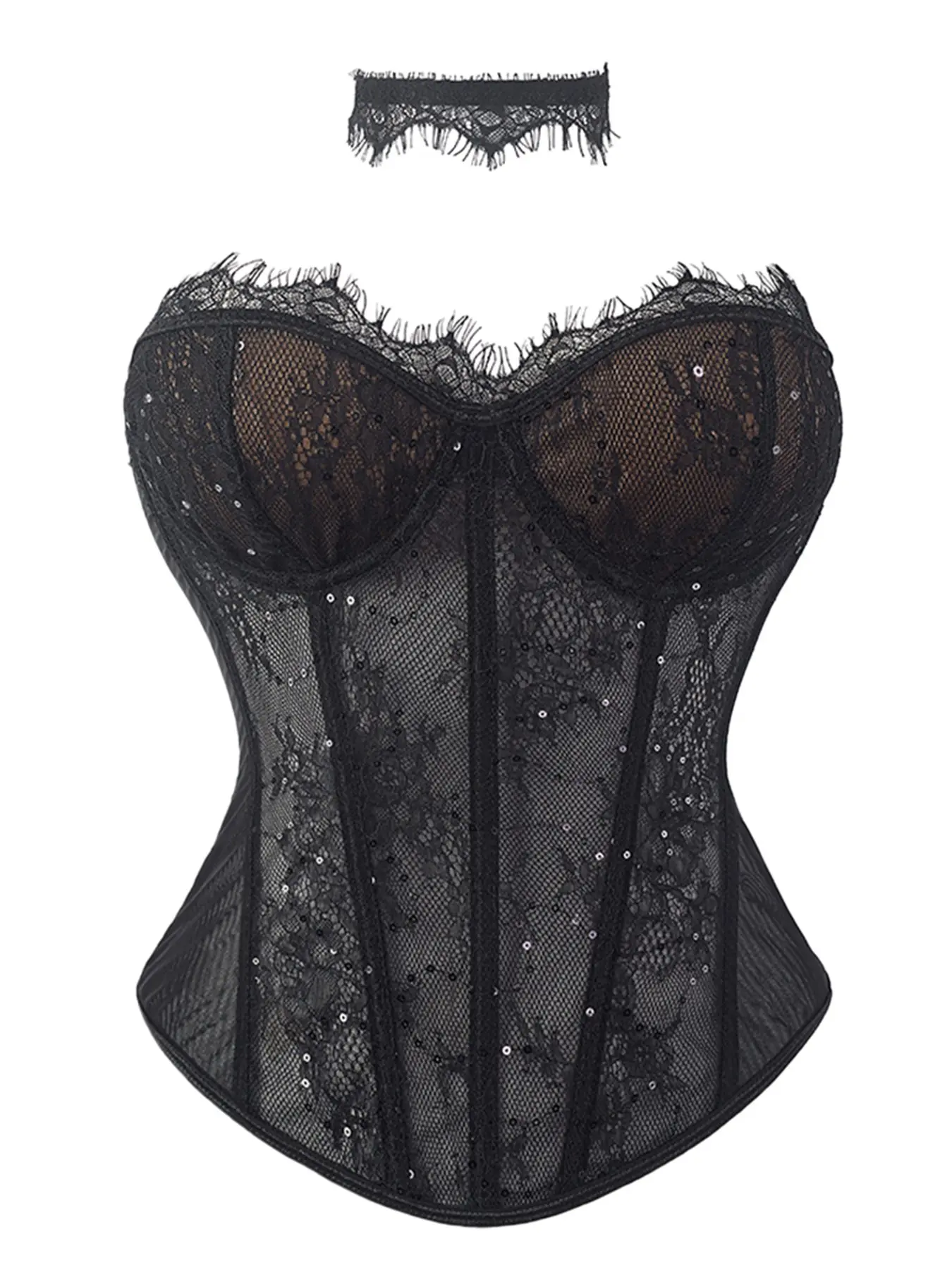 Women's Gothic Dark Sequin Lace Sheer Mesh Boned Corset Top With Neck Choker Set Push Up Slimming Body Shaper For Rave Festival Underwear