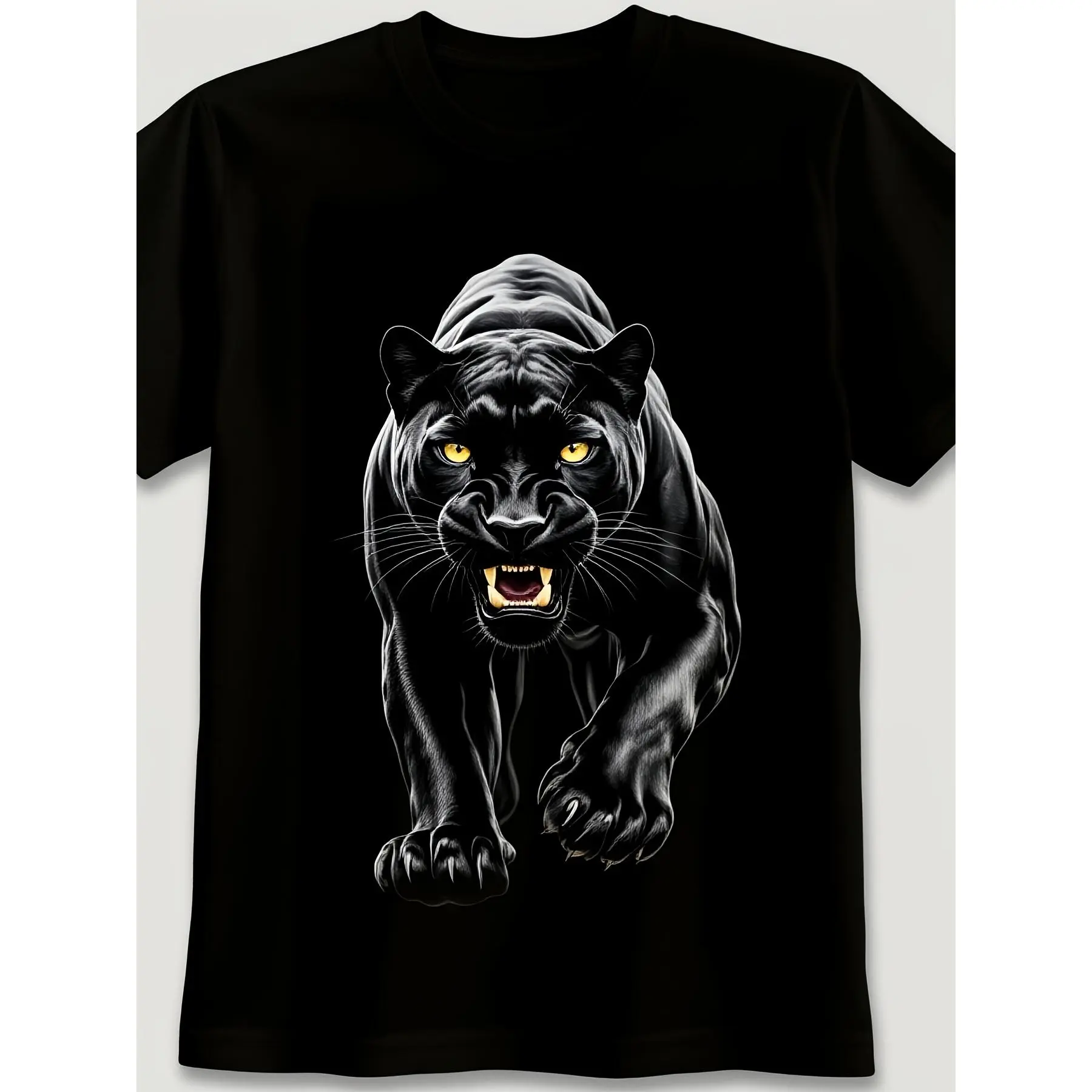 Dynamic Black Panther Graphic Tee featuring a fierce leaping panther design with an intense expression on a solid black background. Bold crew neck style for animal lovers who want to stand out with this aggressive panther design. Made from breathable, swe