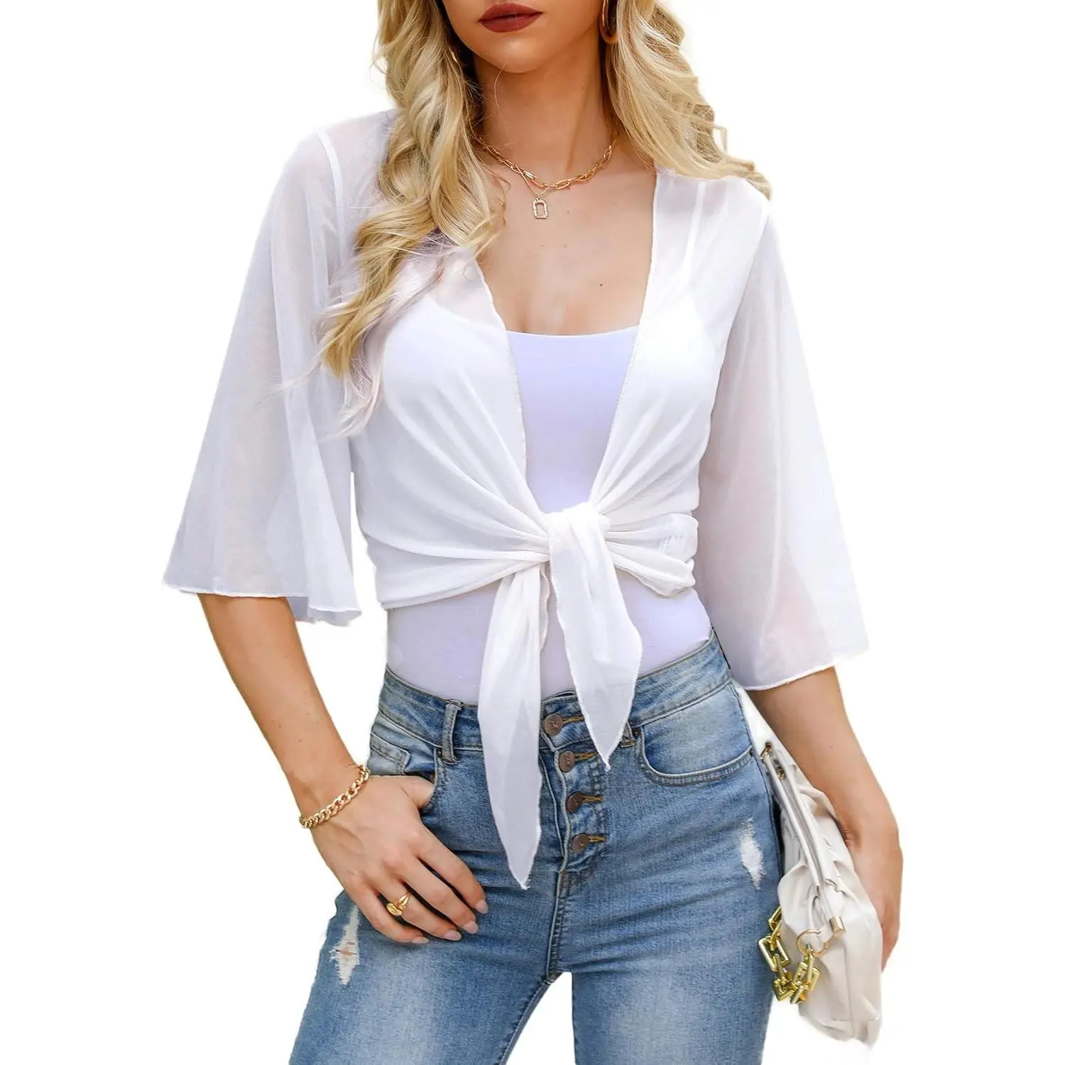 Women's Short Cardigan Bolero Sheer Shrug Tie Open Front Bell Sleeve Summer Cropped Bolero Cardigan