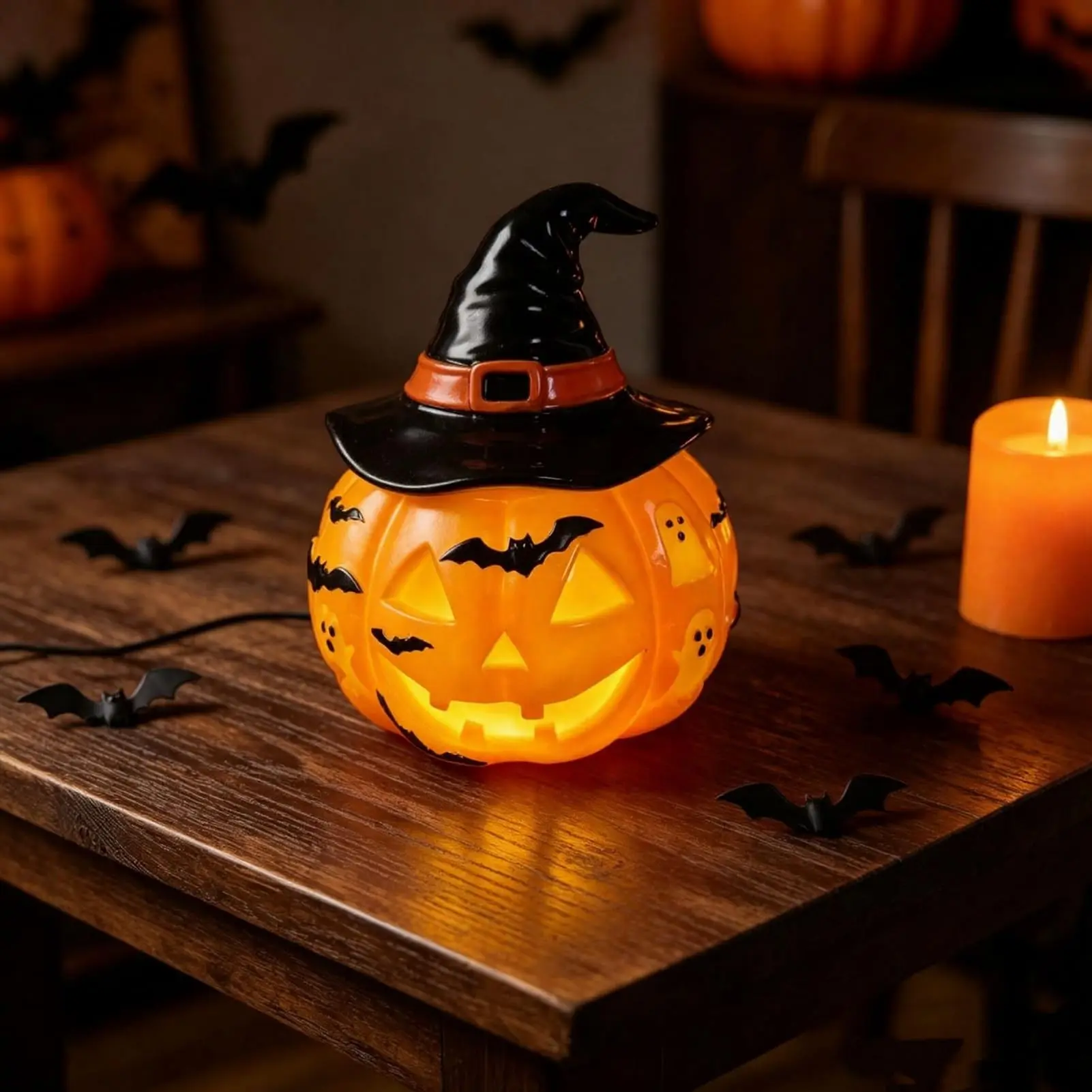 Resin Halloween Night Light Decor, USB Powered Colorful Resin Lamp, Handmade Vintage Gothic Warm Amber Glow, Desktop Decoration Ornament for Bedroom Bookshelf Desk