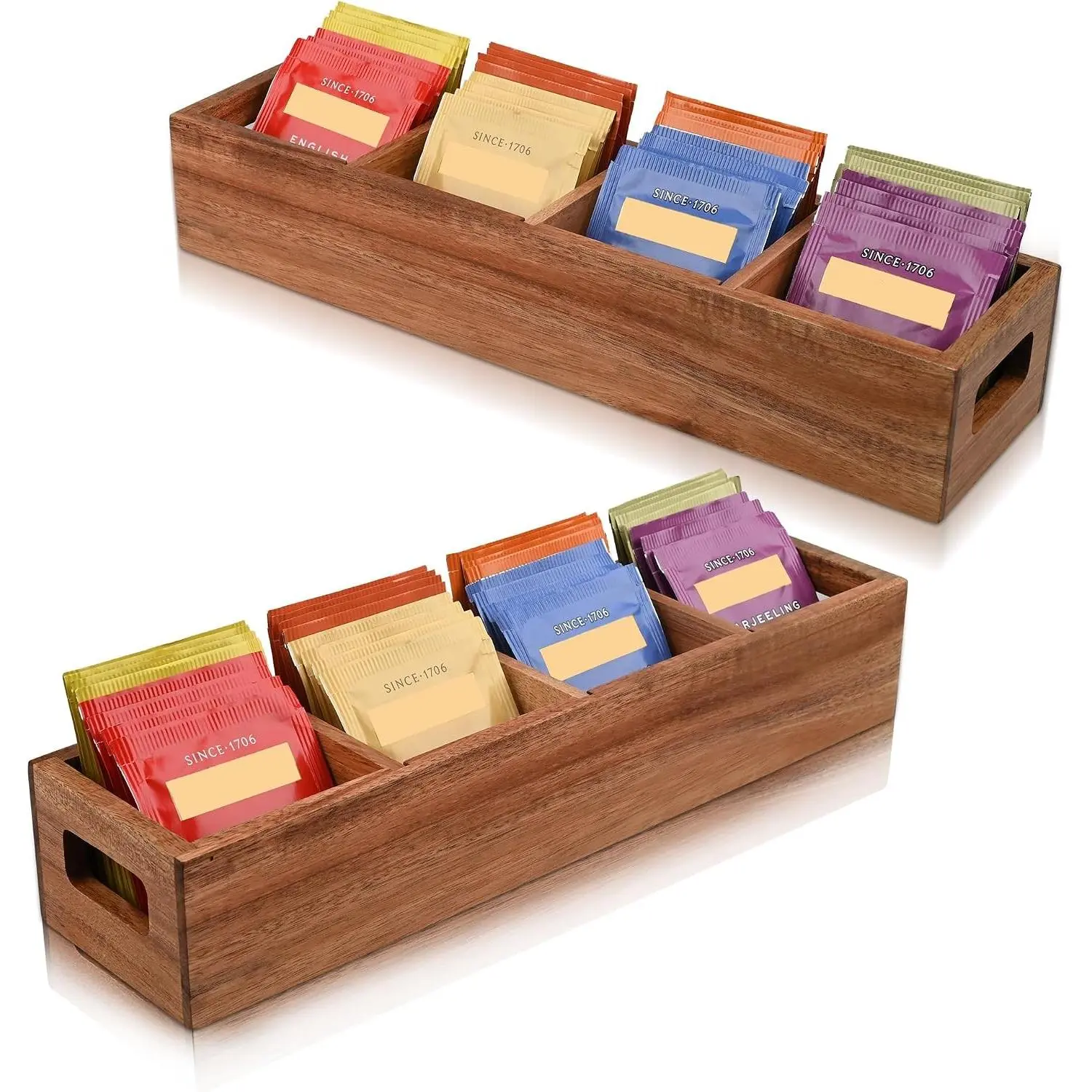 Acacia Wood Tea Bag Organizer with 4 Slots – Tea Bag Holder and Tea Organizer, Sugar Packet Storage for Countertops, Set of two