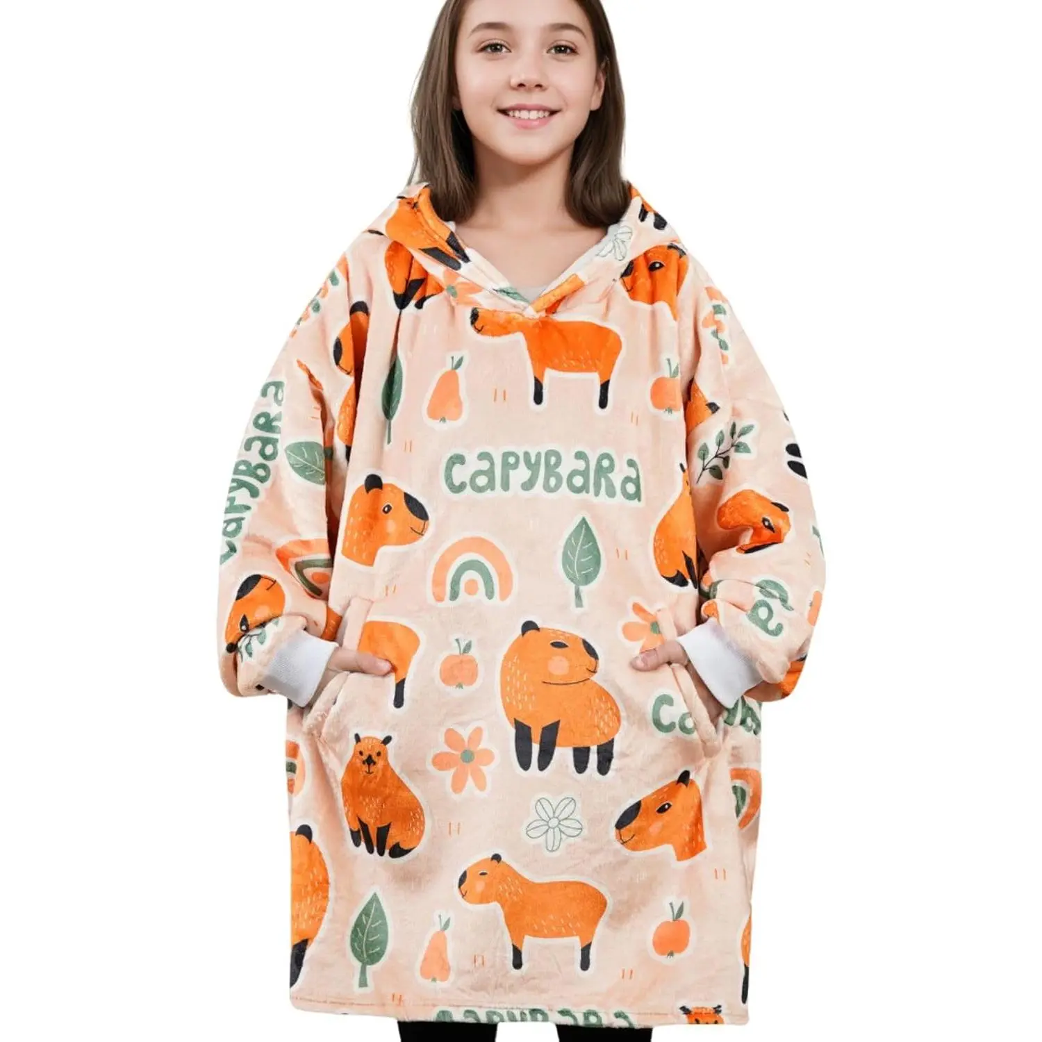 Capybara Animal Theme Wearable Blanket Hoodie for Capybara Lovers, Adult Fit Long Sleeve Flannel Fabric Double Layer, Super Soft Warm Cozy with 2 Pockets, Brown Full Print - Christmas Birthday Gift