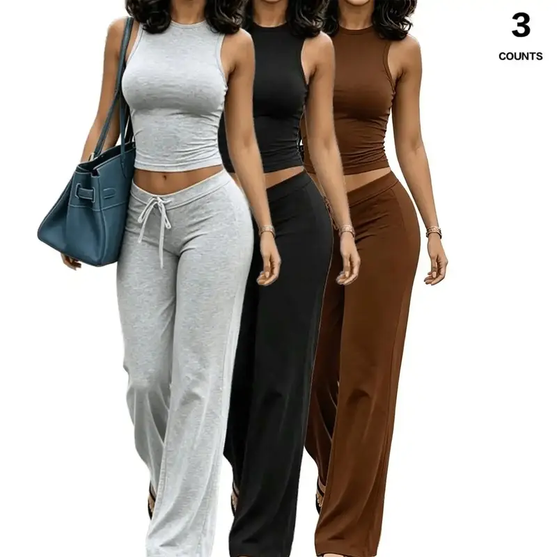 Women's 2-Piece Set, 3-Pack Solid Color Smooth Spandex Cropped Tank Top and Wide Leg Drawstring Pants for Casual Gym Streetwear, Light, Suit, Minimalist