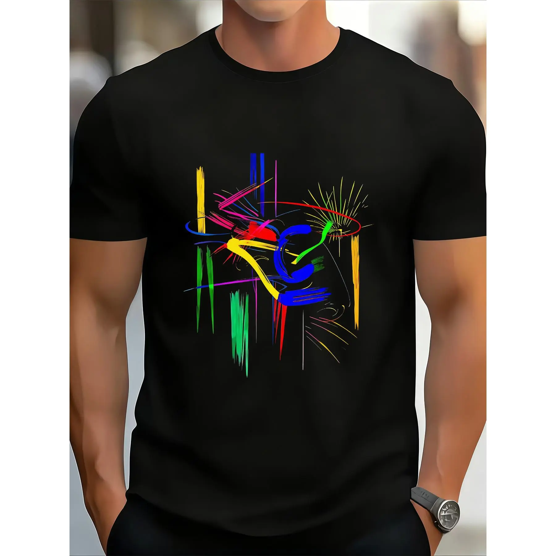 Men'S Abstract Art T-Shirt - Vibrant Brushstroke Design, Soft And Breathable, 100% Polyester Fiber, Modern Crew Neck, Short Sleeve Summer T-Shirt, Art-Inspired T-Shirt