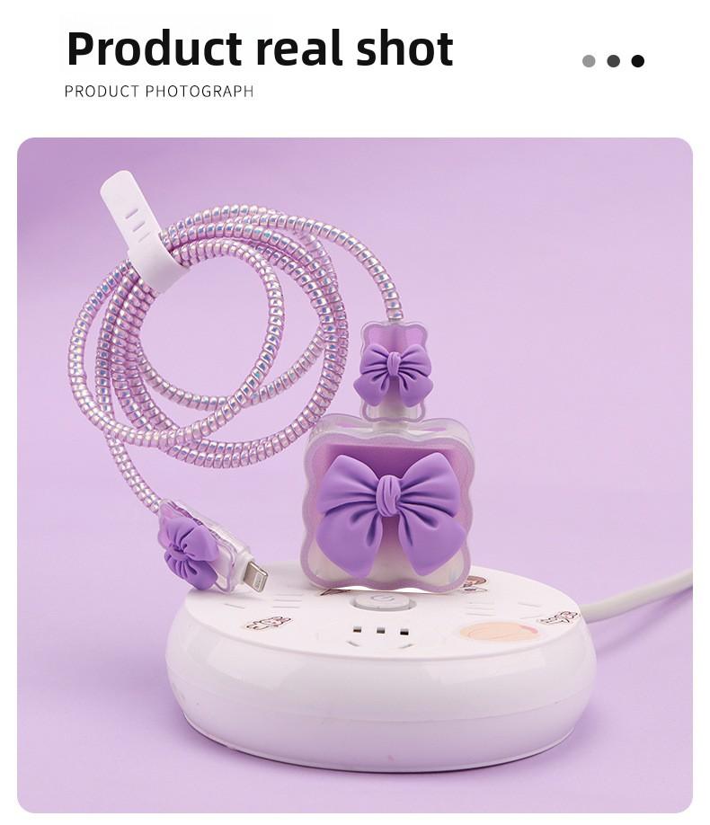 iPhone Charger Cable Protector Set with Cute Pink Bow, Only Compatible with Apple Original 18W/20W Adapter, Anti-Break Data Cable Organizer & Storage Bag for Women Girls (Charger & Cable Not Included)