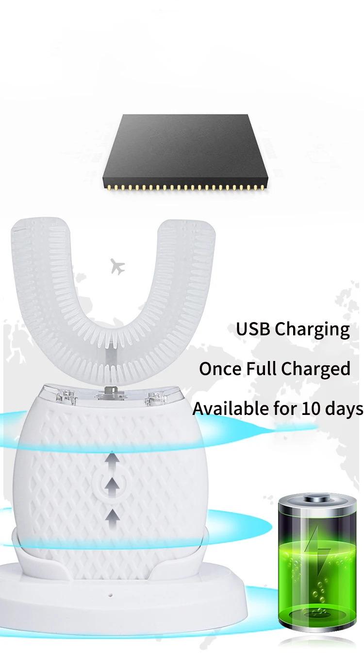 360° Ultrasonic Electric Toothbrush U Shaped for Adults Sonic Vibrations Tooth Brush with Charging Base Blue LED Light Whitening