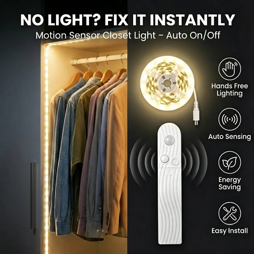 Pir Motion-Sensing LED Light Strip, Dual Mode: Sensor/constant On, Delayed Shutdown, 16.4ft USB or Aaa Battery Powered, Ideal for Cabinets, Closets, Stairs