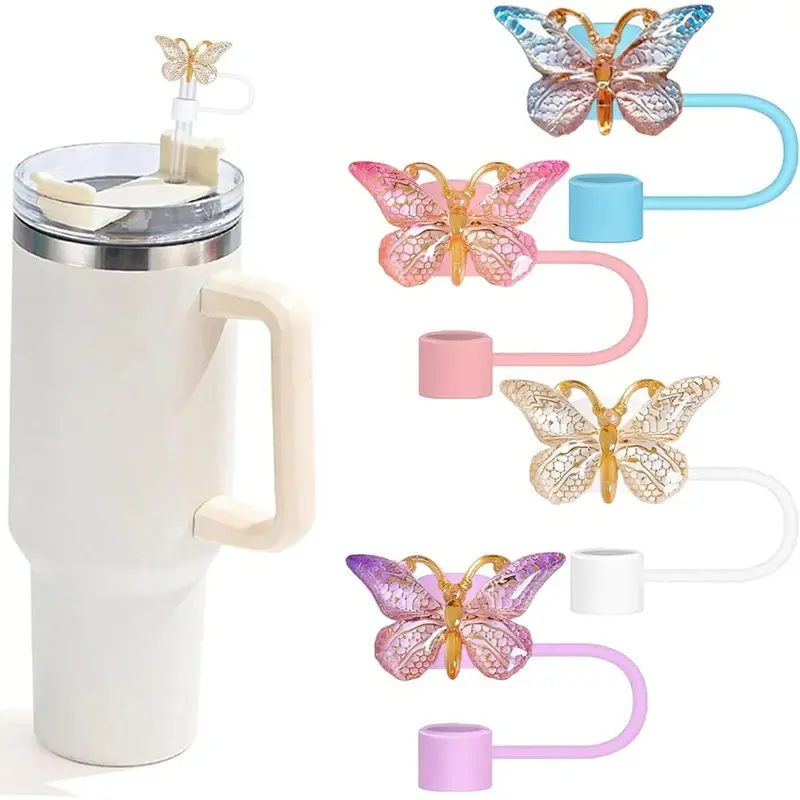 Cute Synthetic Butterfly Straw Toppers Set, 0.4 in Dustproof Drinking Accessories Compatible with 30&40 Oz Tumblers with Handles for Birthday Parties, Party