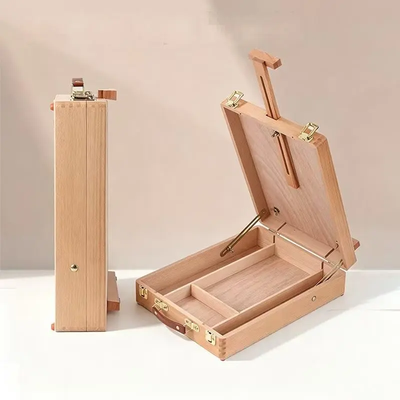 Portable Beech Wood Art Box, Multi-Functional Sketching Storage Organizer, Desktop Drawing Stand, Ideal for Artists and Beginners
