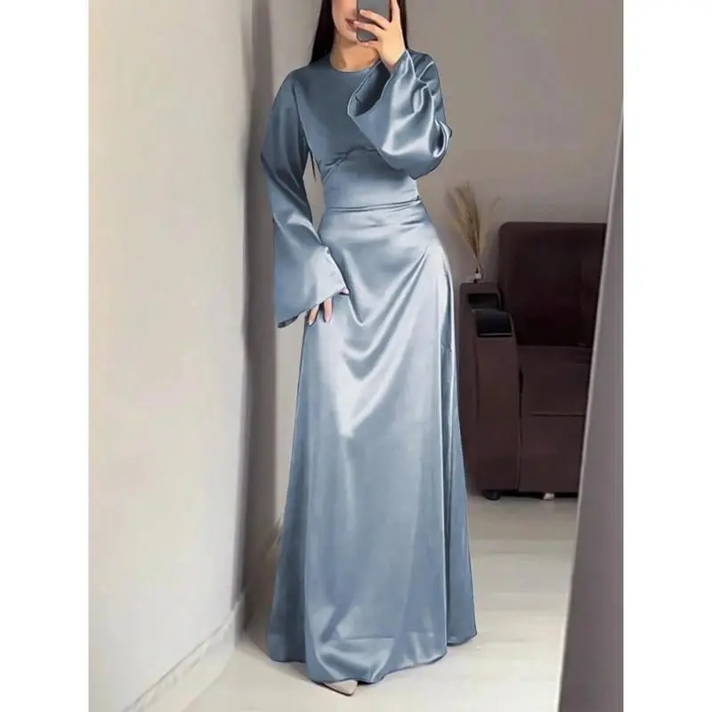 Elegant Solid Color Bell Sleeve Tie Back Middle Eastern Style Long Modest Dress