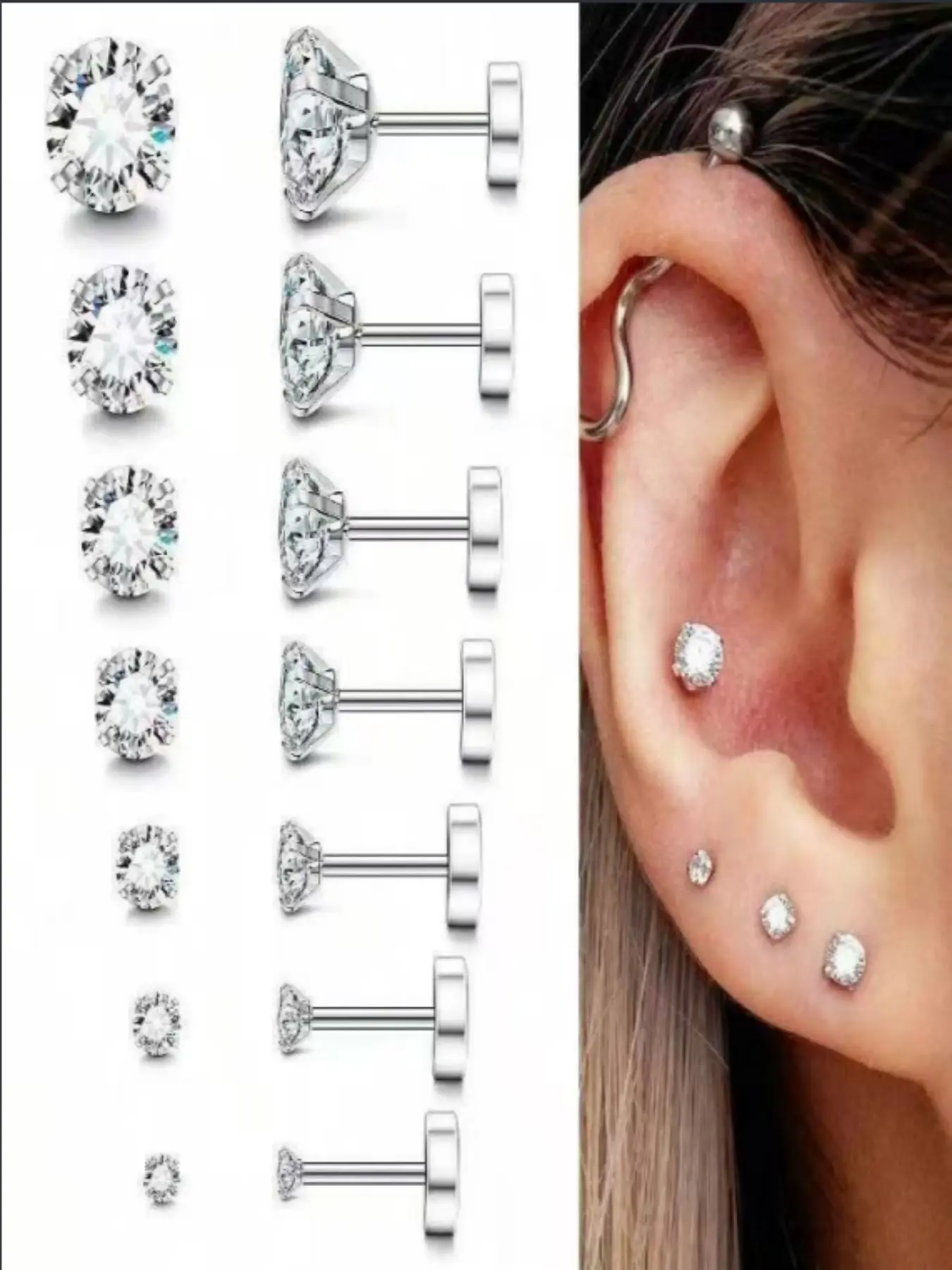 7 Pcs Zirconia Stud Earrings Set, Earring Sets, Titanium Steel Screw Back, All Seasons Elegant Jewelry, Daily Wear Ear Piercing Accessories