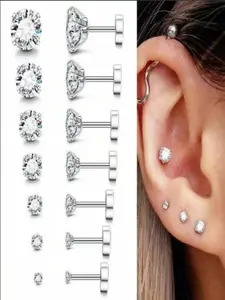 7 Pcs Zirconia Stud Earrings Set, Titanium Steel Screw Back, All Seasons Elegant Jewelry, Daily Wear Ear Piercing Accessories