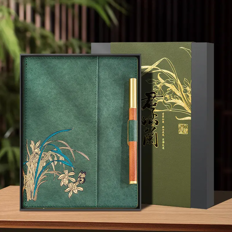 A5 Orchid Leather Notebook Set - Chinese Style Journal with Pen, Thick Pages & Gift Box - Elegant Guochao Stationery for Business Gifts & Daily Use Journals for Writing