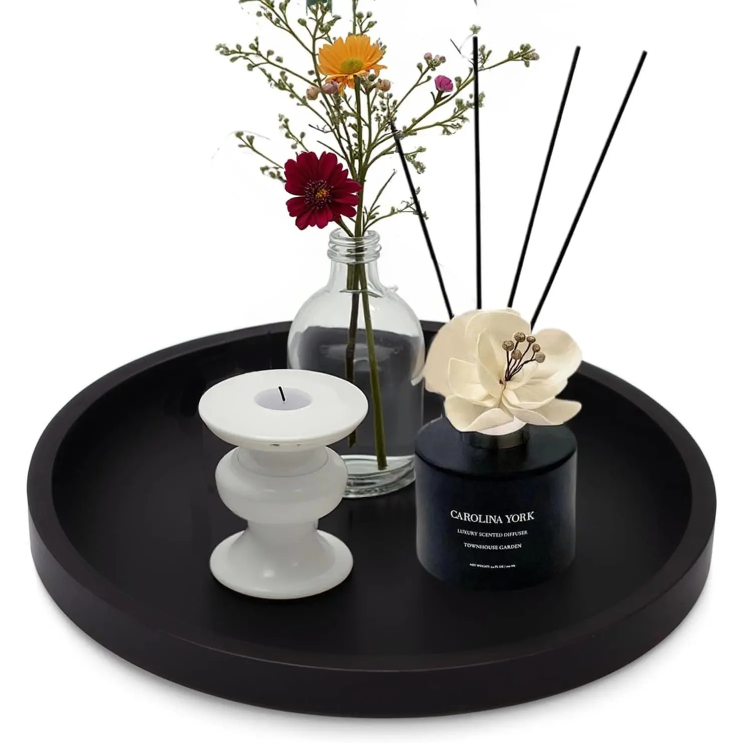 Bathroom Tray,Shatterproof Round Tray for Bathroom  Display,Dresser Organizer Countertop Decorative Tray for ,Perfume,Candles (Black, 9'')