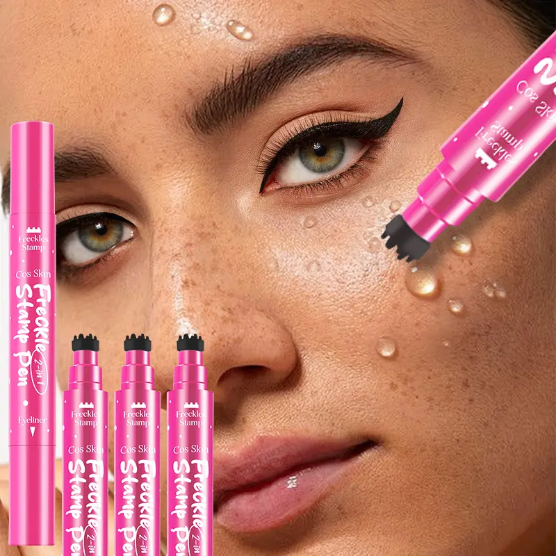 Waterproof 2-in-1 freckle stamp eyeliner. Sponge head makes wide freckle patches, thin tip refines tiny marks. Quick-dry smudge-proof tint for sheer fresh freckle looks, essential Cosmetic multi-tool for daily makeup, portraits and stage creative styling.