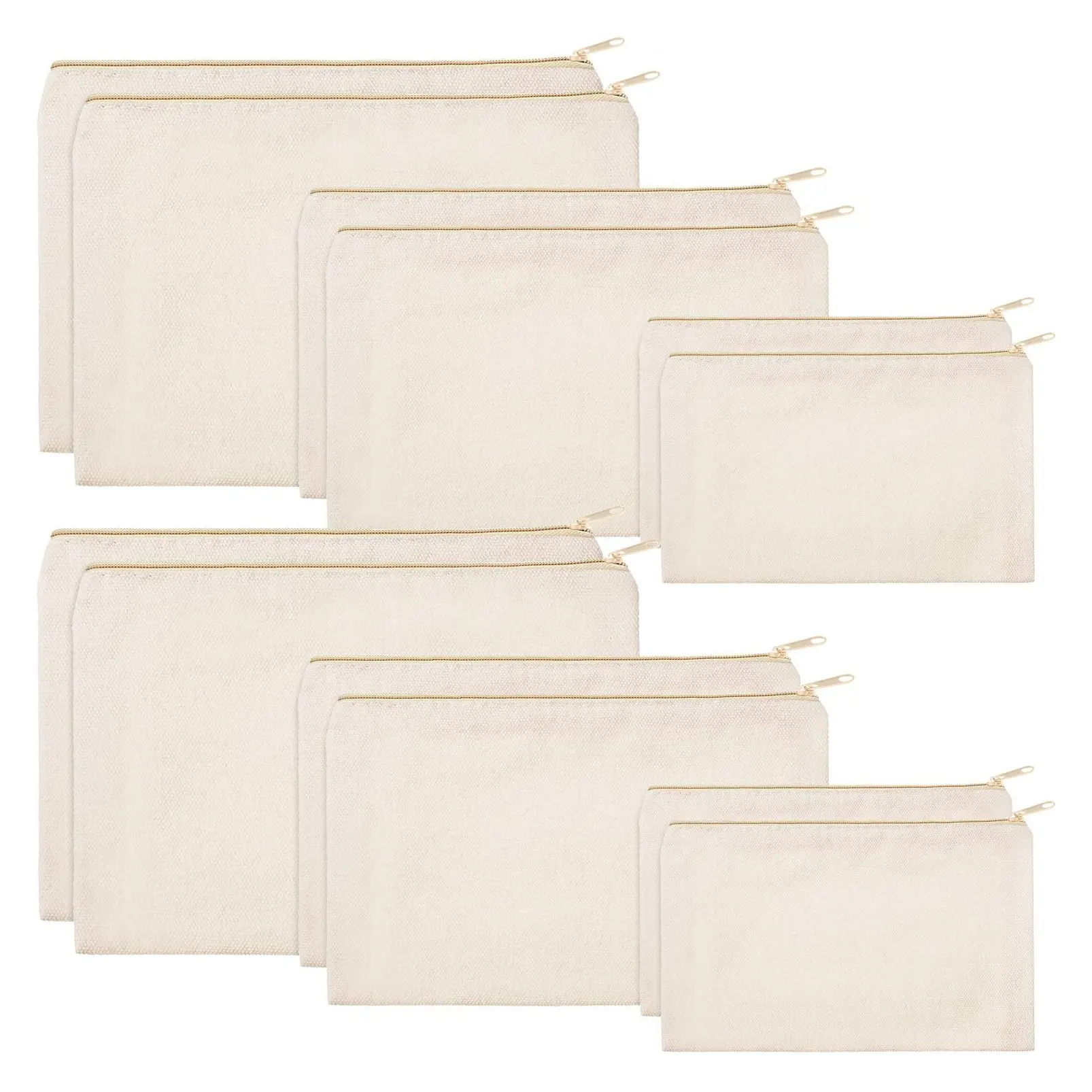 12 Pieces Blank Canvas Zipper Pouch Makeup Bags Bulk Multipurpose Cosmetic Bags for DIY Craft, Women Travel Storage Organizer, Multi Sizes (Beige)Gift