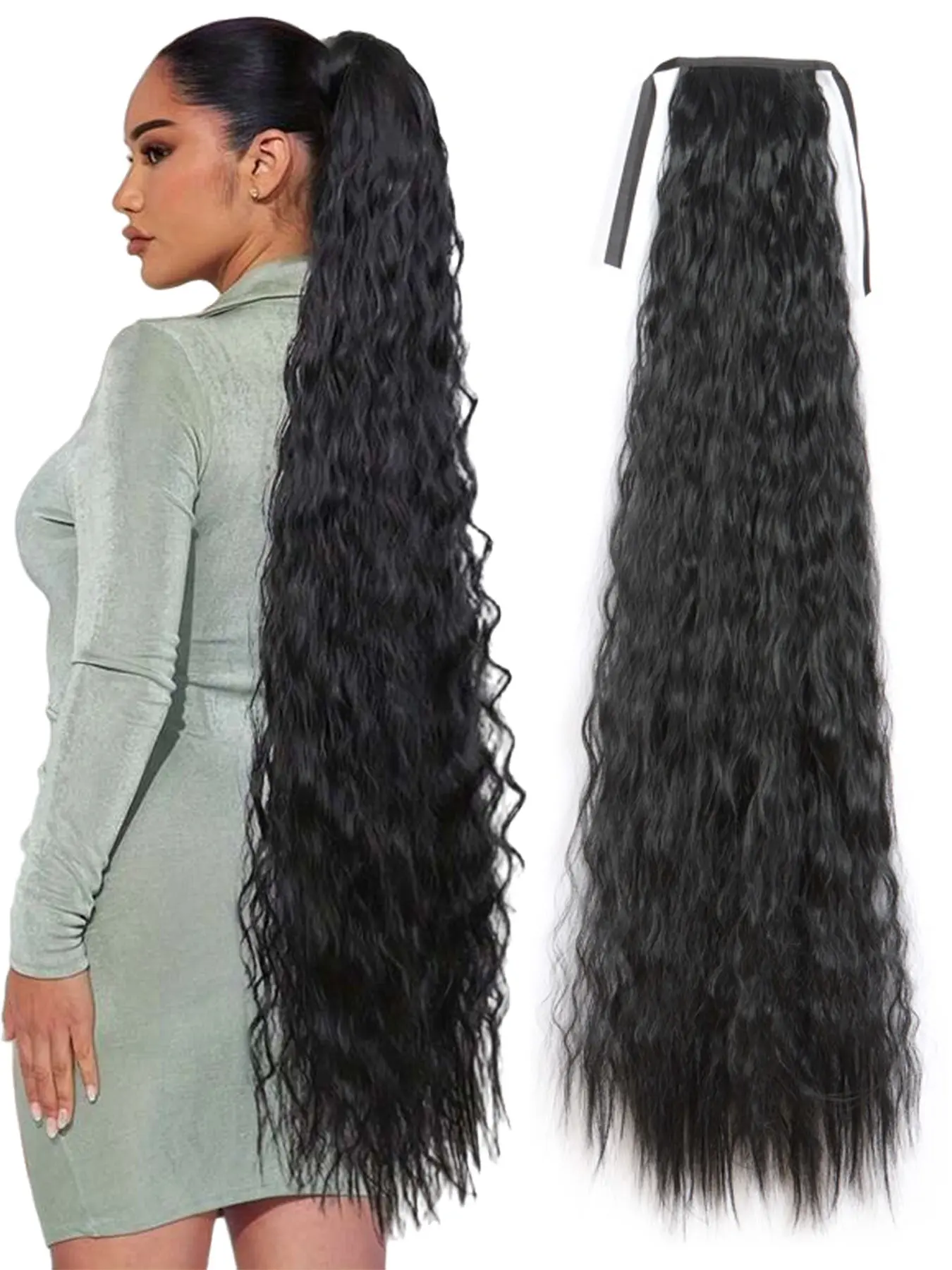 Super Long Corn Wave Ponytail Extension 34Inch Synthetic Hair Extensions Wrap Around Deep Curly Wavy Ponytail Hairpiece For Women Daily Party Use