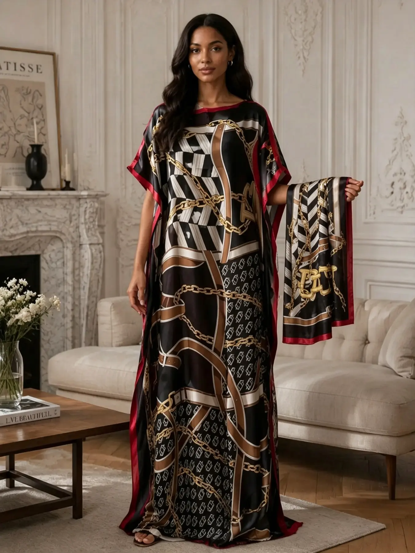 Women's Plus Size 2-Piece Satin Kaftan Loungewear Sleepwear Set, Vintage Gold Chain Belt, All-Over Print, Loose Fit, Beach Pool Cover-Up