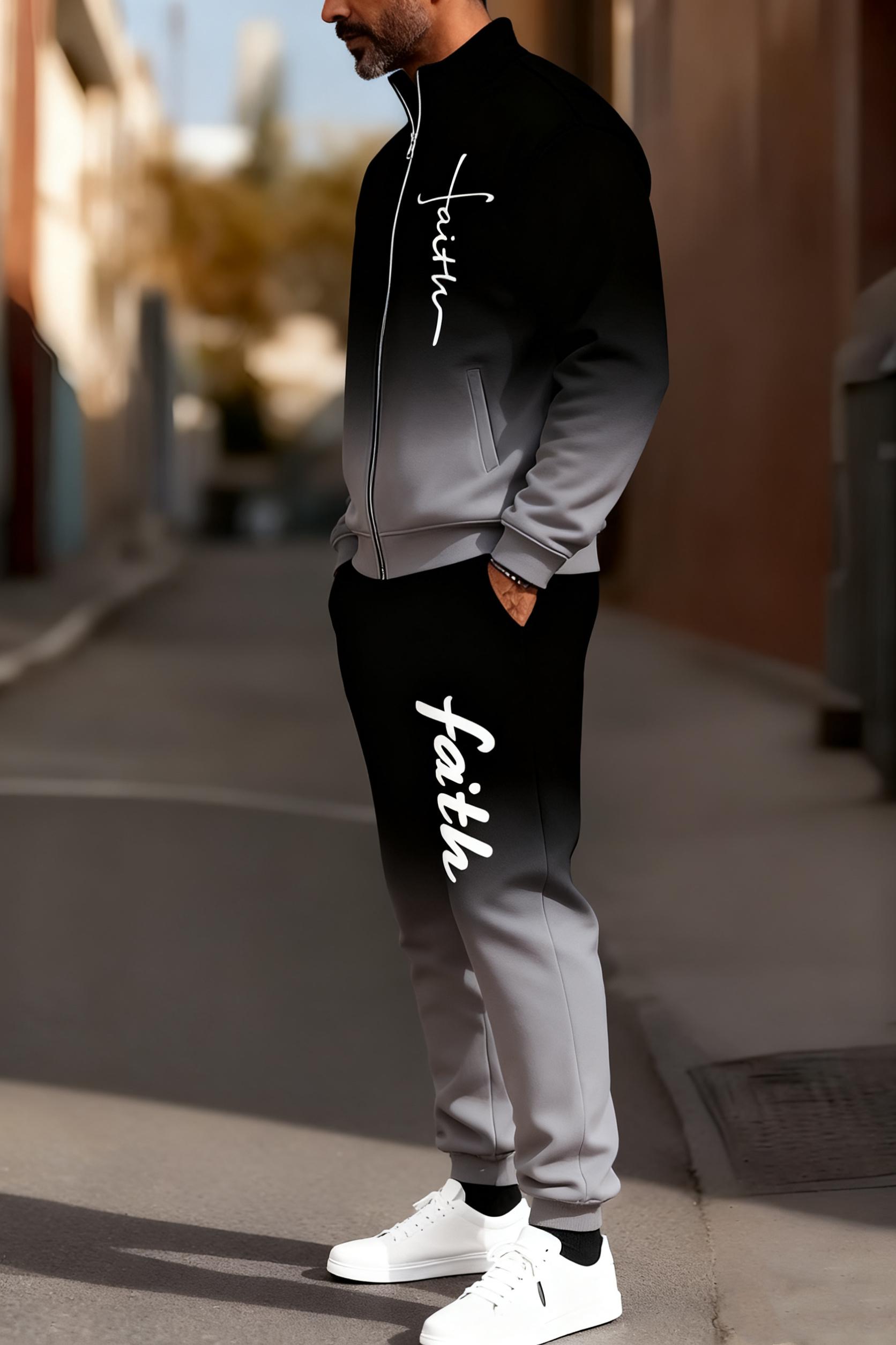 Men's fashionable and casual sportswear featuring a gradient digital print, including a stand-up collar cardigan jacket and pants, making it a two-piece set suitable for daily casual wear and trendy gradient sportswear series, Sporty Style Breathable Acti