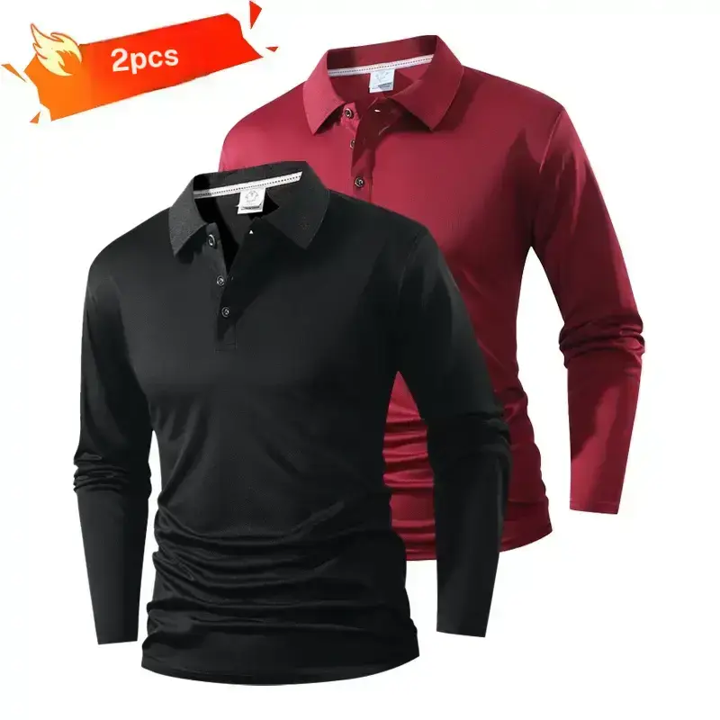 Men's long sleeve polo shirt, featuring a simple and stylish design with a slim fit, comfortable and skin friendly breathable fabric, suitable for daily casual wear, office commutes, and social outings. Two pieces offer versatile trendy style essential fo