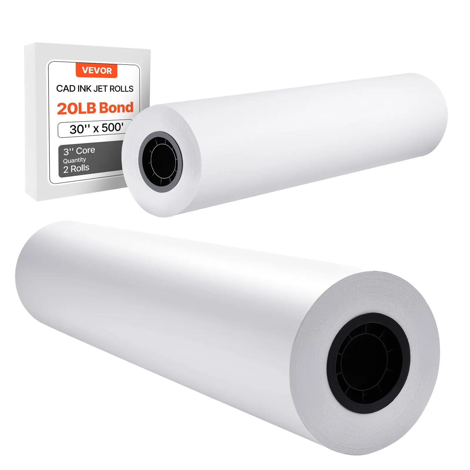 VEVOR Wide Format Paper, 30 inx 500 ft Plotter Roll, 2 Rolls CAD Bond Rolls with 3 in Core, 20 LB Bond Paper Rolls, Ideal for CAD Drawings, Engineering Plans, GIS Maps, and Architectural Designs