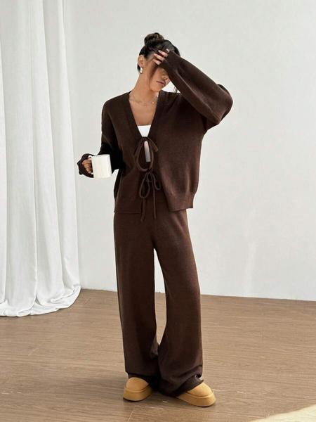 Women's 2 Pcs Tie Front Cardigan Sweater Set, Solid Long Sleeve V Neck Cardigan Sweater & Pants Two-piece Set, Casual Fashion Cozy Knitwear Set for Daily Outdoor Wear, Women Knitwear for Fall & Winter, Women Fall Loungewear set