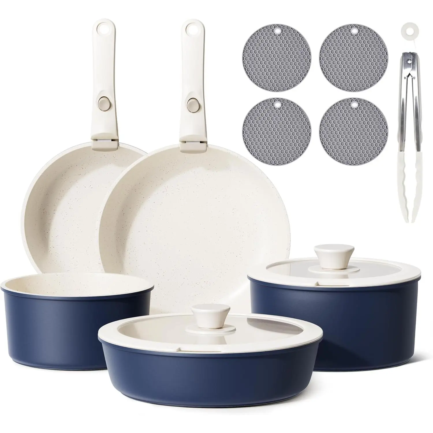Detachable Nonstick Cookware Set - Stackable Induction Pots and Pans With Removable Handles, Dishwasher Safe - For RV Camping, Oven and Stovetop Use, 5 count (Blue)